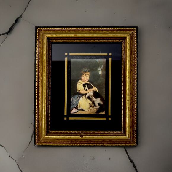 Antique Picture Young Girl With Blue Ribbon Sitting holding Dog Framed Print - Picture 2 of 11